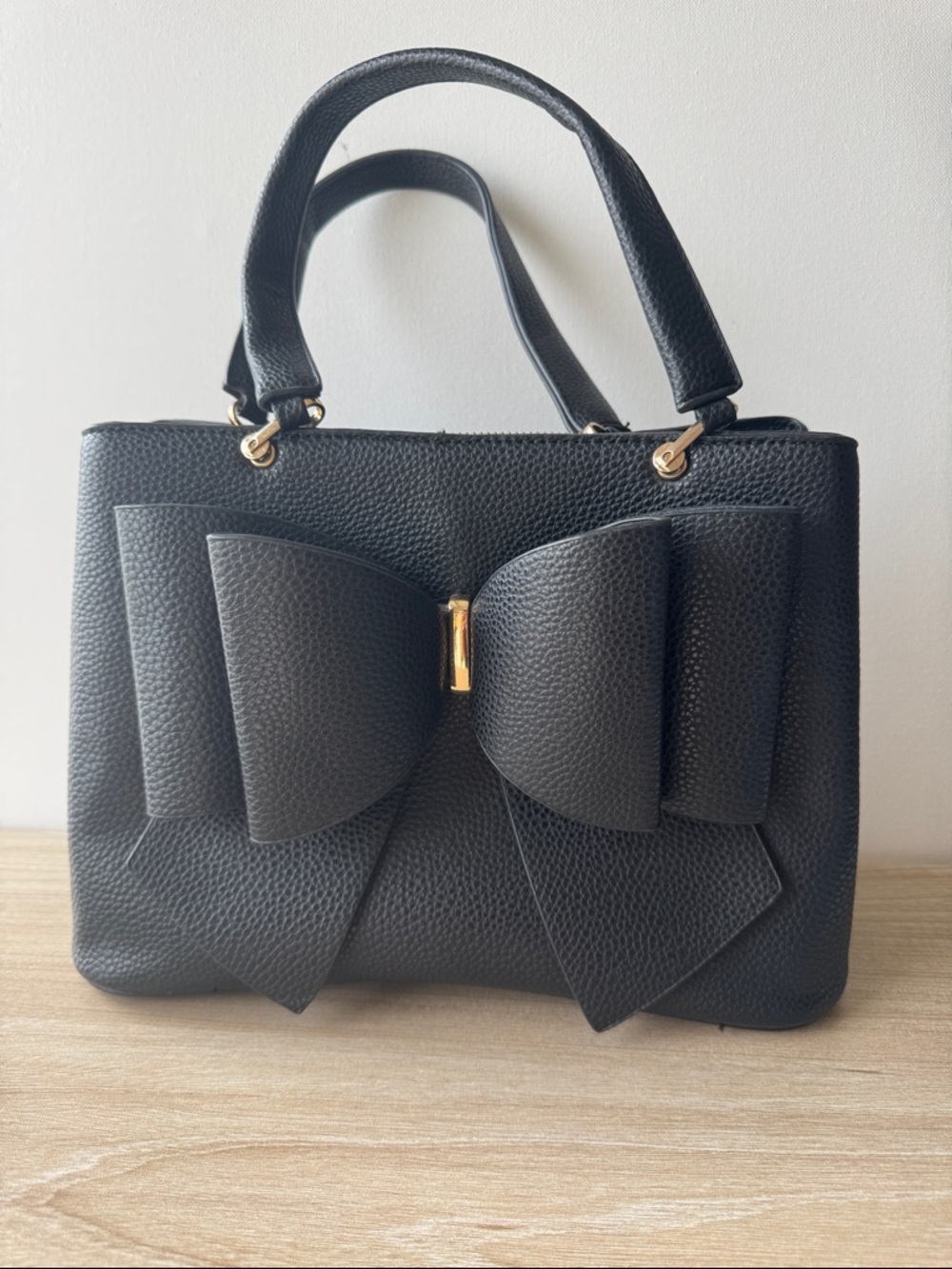 Structured Black Satchel with Bow Accent